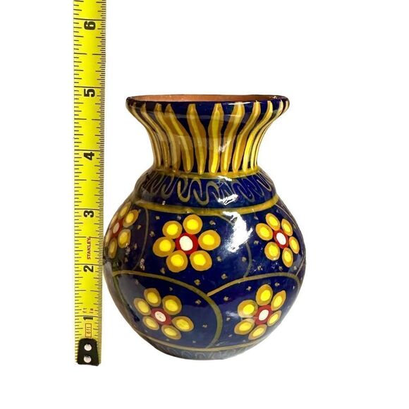 Mexican Red Clay Hand Painted Vase Terracotta 106 Glazed Pottery - Picture 4 of 4